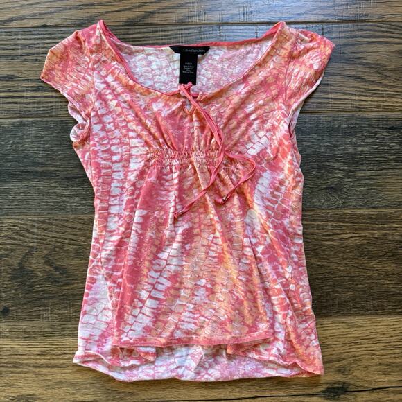 Calvin Klein Jeans Pink Tie Dye Ruched Top Women’s Small Y2K Stretch Tee - Picture 1 of 6